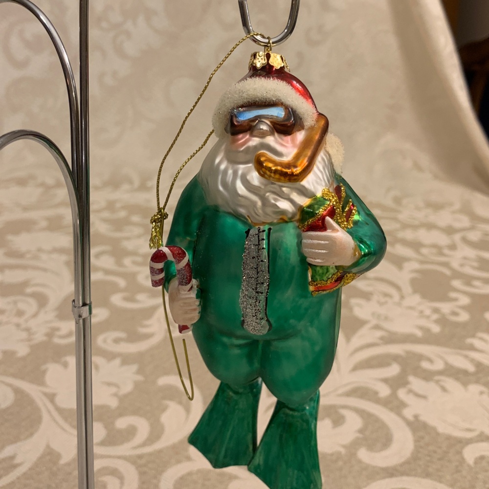 Diving Santa Holiday Ornament - Green and Gold